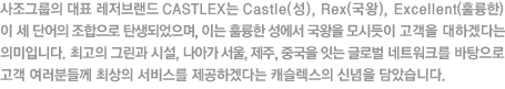 ׷ ǥ 귣 CASTLEX Castle(), Rex(), Excellent(Ǹ)   ܾ  źǾ, ̴ Ǹ   õ  ϰڴٴ ǹԴϴ. ְ ׸ ü, ư , , ߱ մ ۷ι Ʈũ   е鲲 ֻ 񽺸 ϰڴٴ ĳ ų ҽϴ.